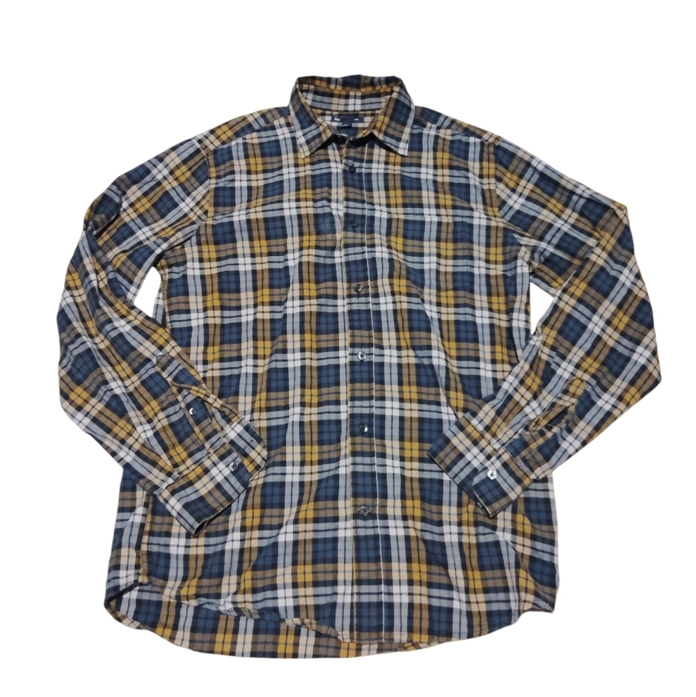 Gap Plaid Flannel Long Sleeve Shirt Dark Blue Yellow Size M Mens